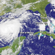 This image from NOAA’s GOES-East satellite taken Thursday at 8:45 a.m. shows the location of Tropical Storm Harvey as it approaches the Texas coast.